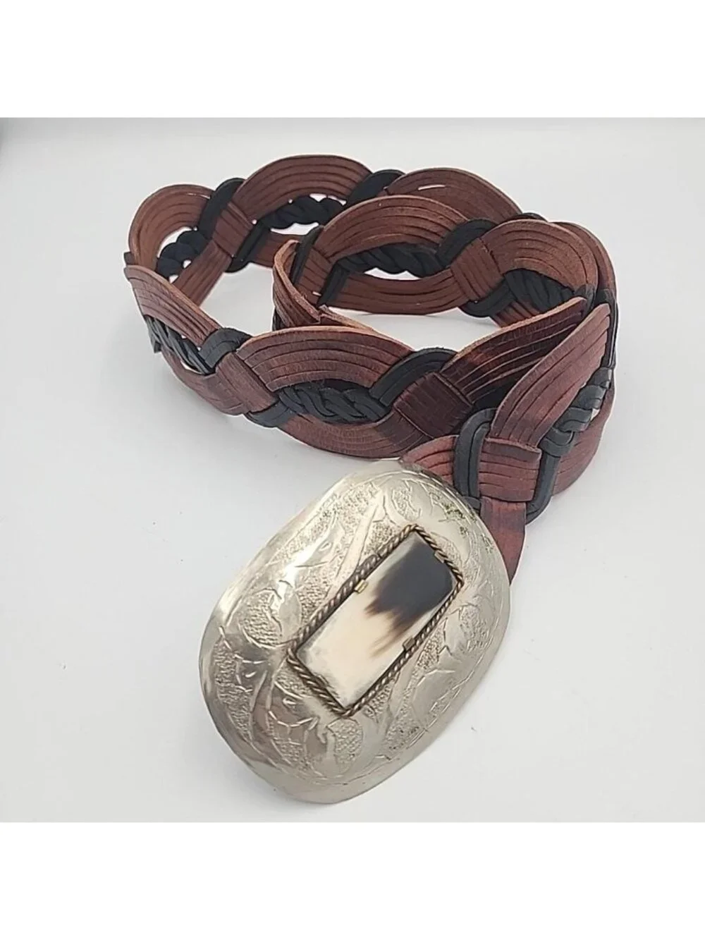 Moroccan Belt - Braided Black Brown Silver Tone Engraved Buckle Fits Up To 40